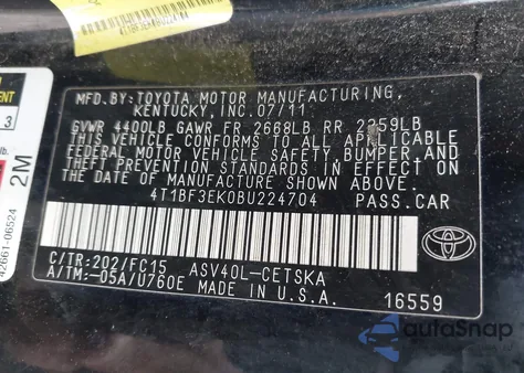 2011 Toyota Camry Se from USA, damaged, VIN 4T1BF3EK0BU224704